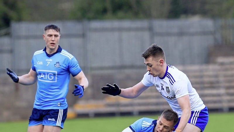 Monaghan&#39;s Micheal Bannigan battles with Dublin defender Jonny Cooper in Clones last year. Pic Philip Walsh 
