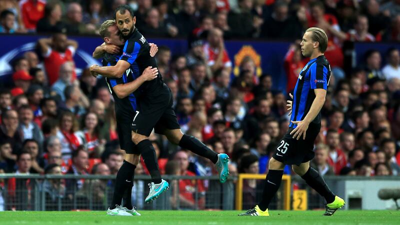 Club Brugge's Victor Vazquez (7), Laurens De Bock (left) and Ruud Vormer celebrate after they opened the scoring against Manchester United at Old Trafford last week<br />Picture: PA