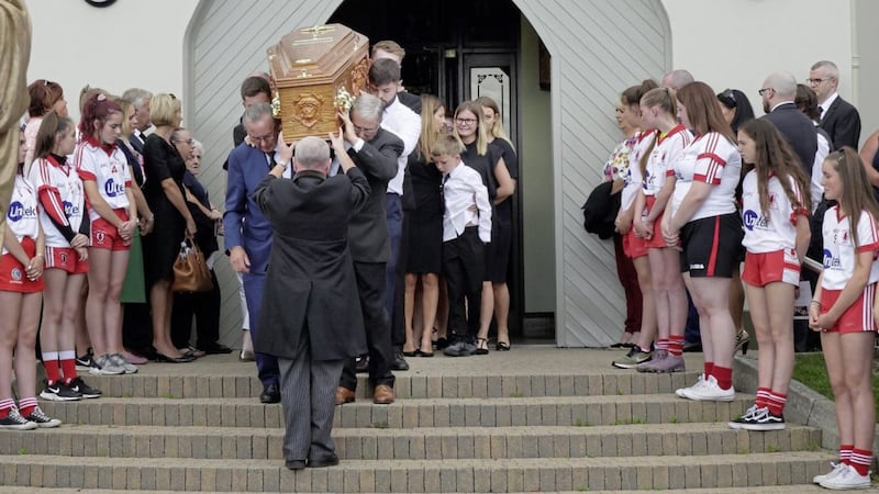 Hugh Kennedy&#39;s coffin is carried from St Joseph&#39;s Church, Hannahstown. Picture by Cliff Donaldson 