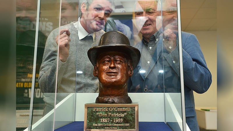 &nbsp;Fergus O&rsquo;Dowd, left, and Alan McLean at the unveiling of the bronze bust of Patrick O&rsquo;Connell at Windsor Park in Belfast. Picture by Hugh Russell