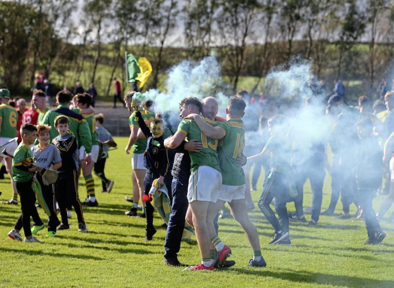 Dunloy celebrate last September&#39;s back-to-back county championships after beating Loughgiel in the final at Ballycastle Picture: Mal McCann 