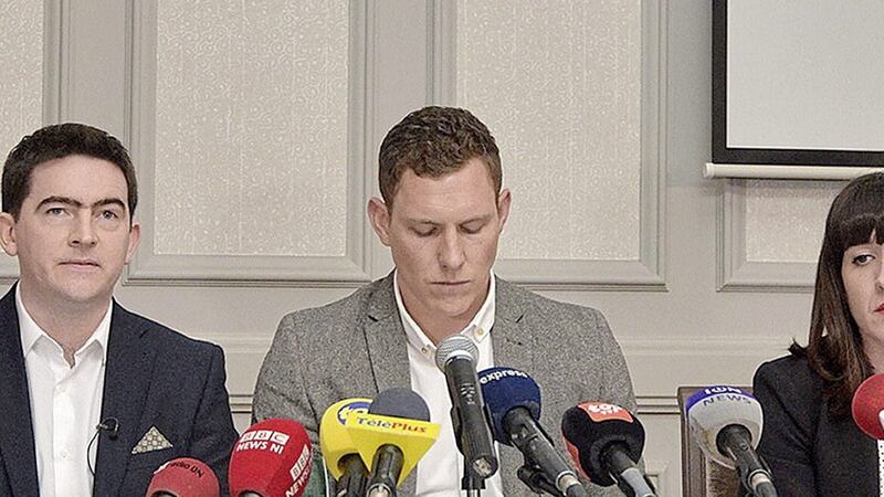 Mark Harte, brother of murdered honeymooner Michaela McAreavey, widower John McAreavey and his sister Claire during a 2017 press conference at the Labourdonnais Hotel in Port Louis, Mauritius. P 