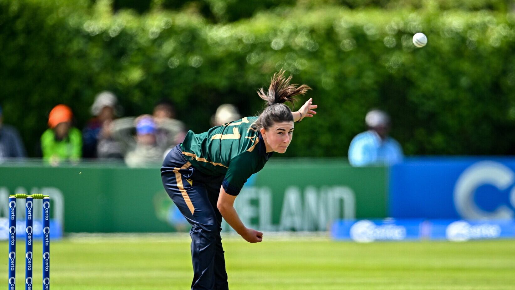 Arlene Kelly bowling for Ireland.