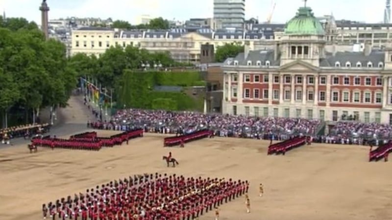BBC footage shows the Irish Guards taking part in the Trooping the Colour ceremony at Buckingham Palace on Thursday. 