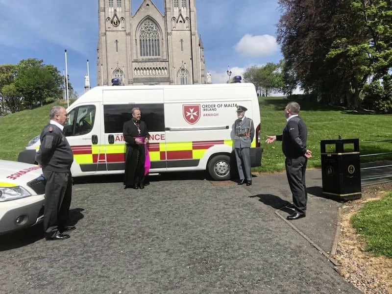 Archbishop Eamon Martin met with knights from the Order of Malta last week and heard about their efforts in response to the coronavirus crisis. Picture via Twitter @ArchbishopEamon 