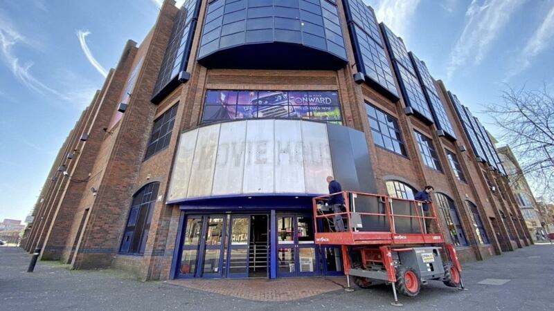 The signage is removed at the Movie House Cinema on Belfast&#39;s Dublin Road on Thursday morning. Picture by Mal McCann. 