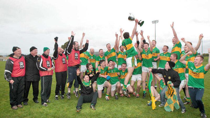 Creggan captain Sam Maguire leaps in the air beside his team-mates after their Ulster Club IHC Final triumph. Picture by Margaret McLaughlin 