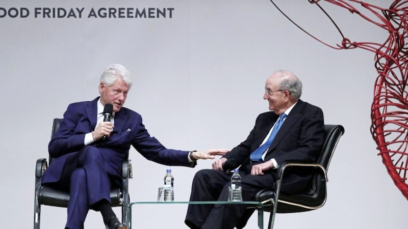 Former US President Bill Clinton and Senator George Mitchell at an event to mark the 20th anniversary of the Good Friday Agreement, at Queen&#39;s University Belfast 