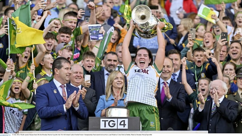 31 July 2022; Meath captain Shauna Ennis lifts the Brendan Martin Cup after the TG4 All-Ireland Ladies Football Senior Championship Final match between Kerry and Meath at Croke Park in Dublin. Photo by Brendan Moran/Sportsfile  