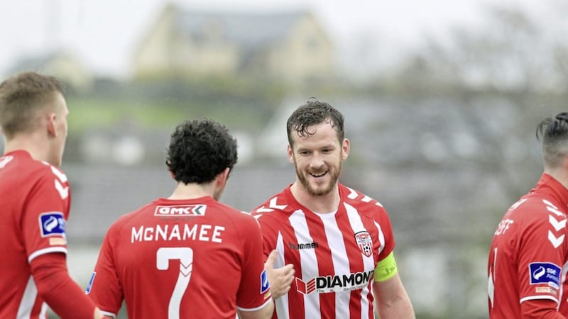 Ryan McBride congratulates his Derry City team-mate Barry McNamee after his hat-trick in the 4-0 win over Drogheda in March 2017, which turned out to be McBride&#39;s last game for the club before his shock death a day later Picture: Margaret McLaughlin 