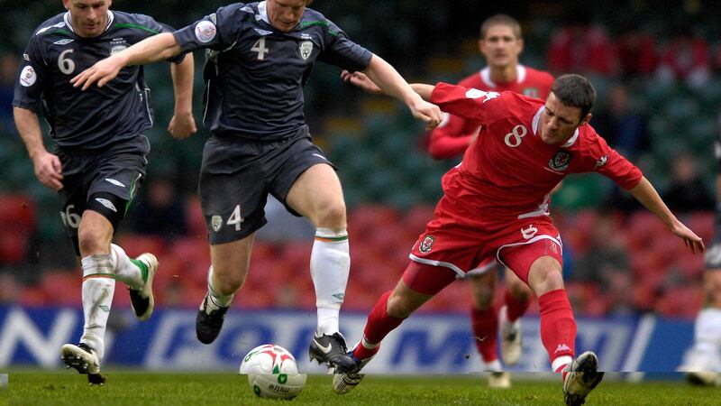 Lee Carsley pictured (left) during his playing days for Ireland. The former Everton star has been appointed manager of Brentford &nbsp;