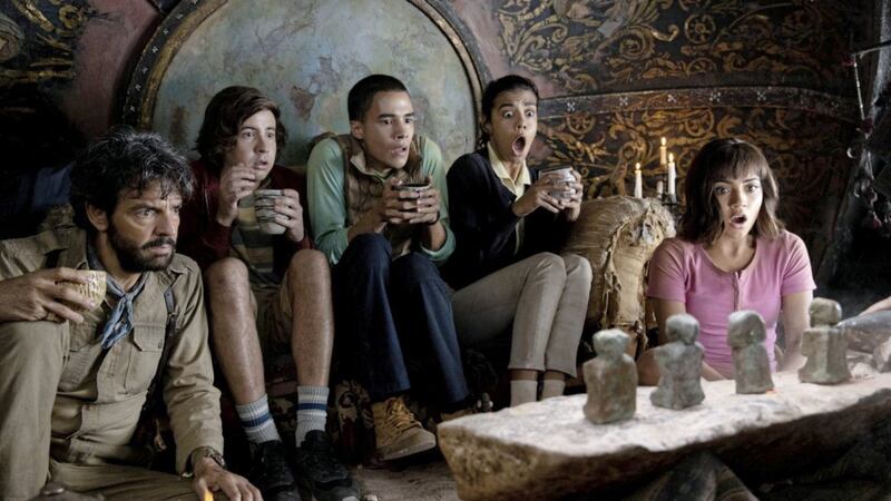 Eugenio Derbez, Nicholas Coombe, Jeff Wahlberg, Madeleine Madden and Isabela Moner in Dora And The Lost City Of Gold. 