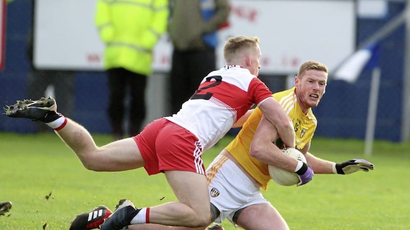 Marty Johnston was outstanding in midfield for Antrim against Derry at Corrigan Park. Picture by Cliff Donaldson. 