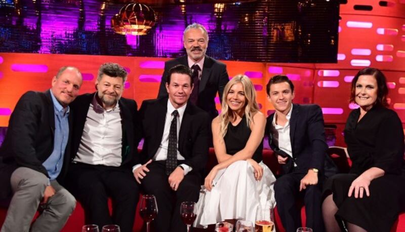 Woody Harrelson, Andy Serkis, Mark Wahlberg, Graham Norton (behind), Sienna Miller, Tom Holland and Alison Moyet during filming of the Graham Norton Show (Ian West/PA)