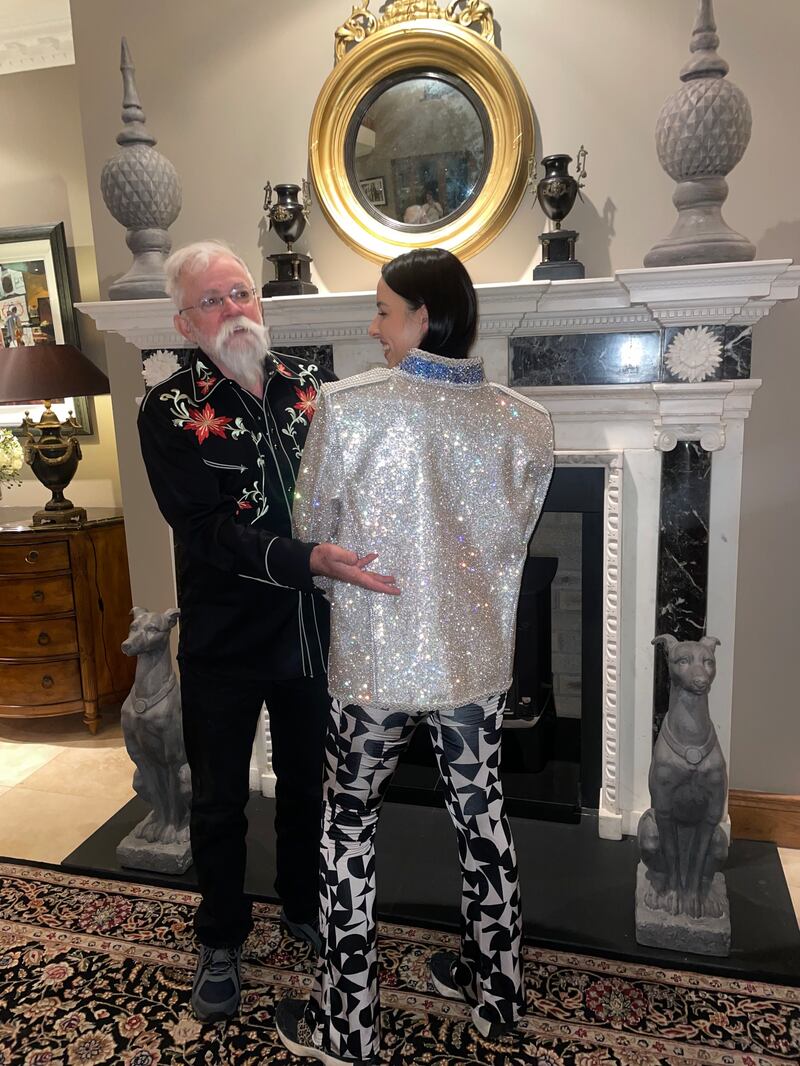 Niamh McCarthy with designer Michael Bush. Niamh is wearing one of Michael's designs - a sparkly sequin jacket.