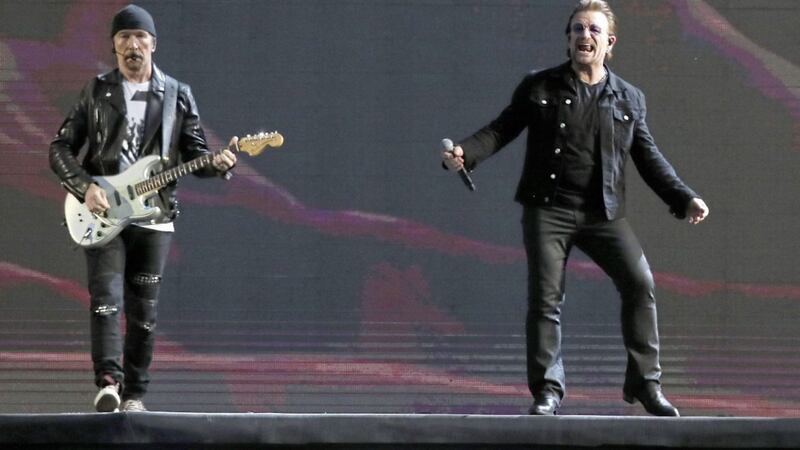 The Edge and Bono of U2 performing on stage at Croke Park in Dublin. Picture by Brian Lawless/PA Wire 