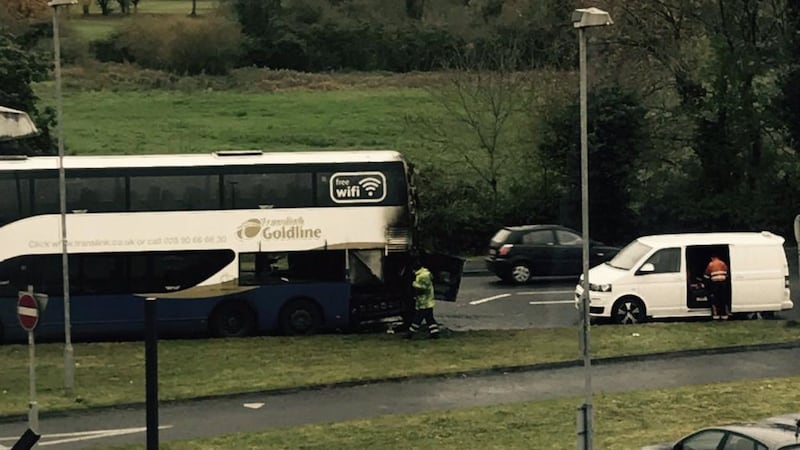 Seven passengers escaped injury after a Translink goldline coach caught fire in Lurgan this morning. Picture from Paul Woods onTwitter