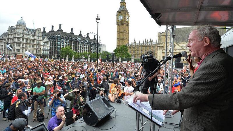 Deputy First Minister Martin McGuinness speaks at the End Austerity Now rally in Parliament Square, London 