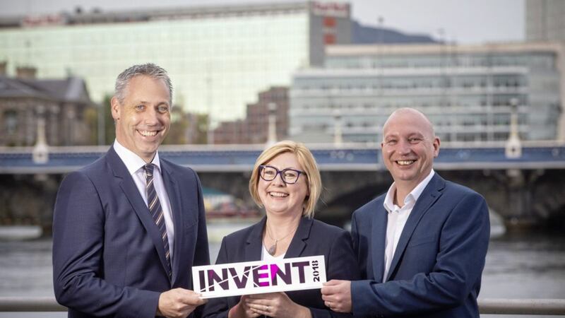 Winners of INVENT 2018, Julie and David Gray of Gray&rsquo;s Clip are congratulated by headline sponsor, Gavin Kennedy of Bank of Ireland UK. Picture by Brian Morrison 