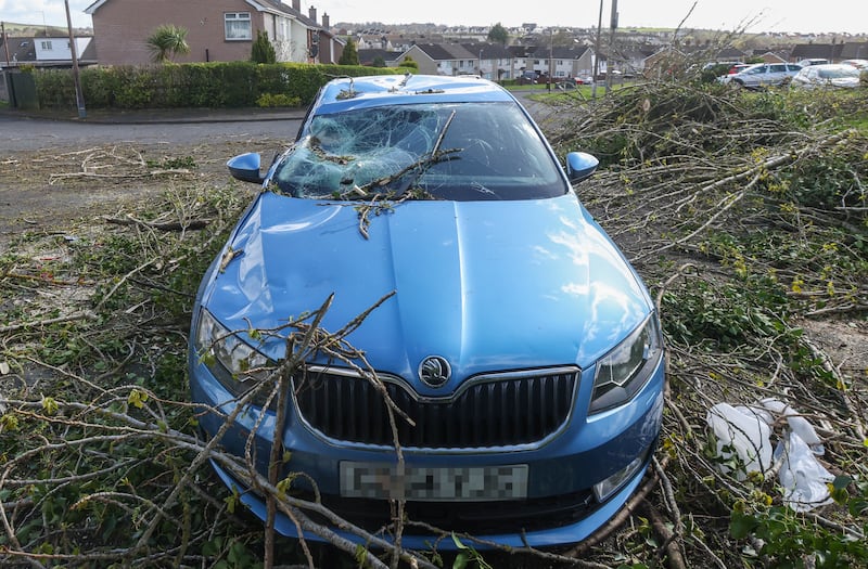 Damage caused to a car after A fallen tree during Storm Kathleen in The Ballybeen area of Dundonald at the weekend.
PICTURE COLM LENAGHAN