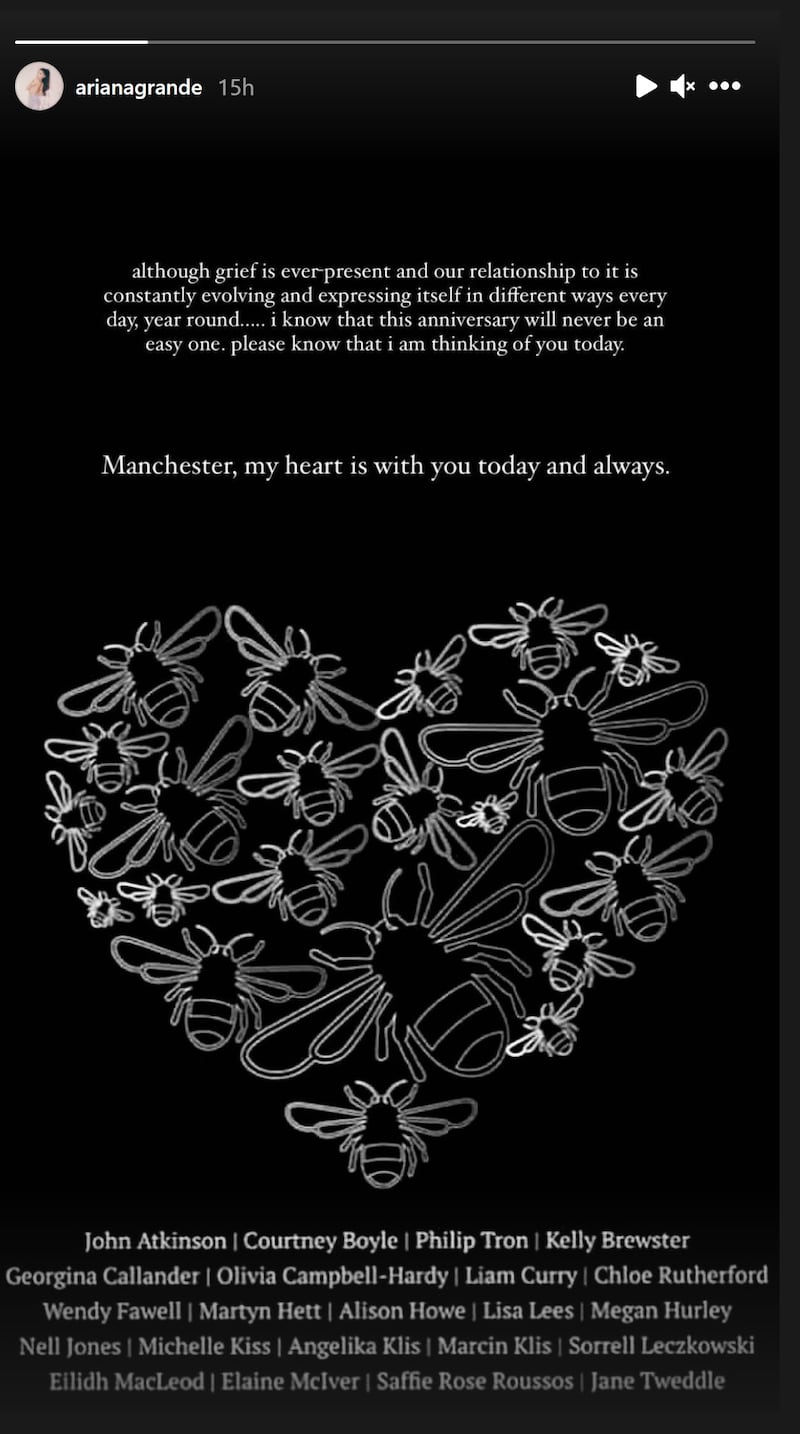 A tribute to the victims of the Manchester Arena victims on Ariana Grande's Instagram story
