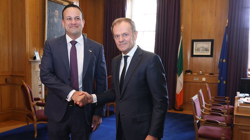 Taoiseach Leo Varadkar (left) greets European Council President Donald Tusk at Government Buildings in Dublin for talks ahead of the European Council summit later in the week&nbsp;
