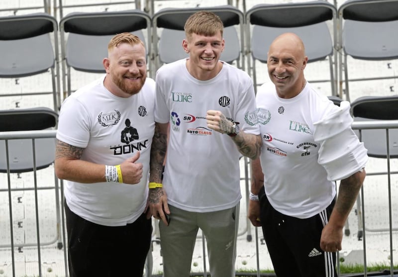 Naas fighter Gary Cully with coach Peter Taylor and cornerman Andrew O&#39;Neill at Windsor Park 
