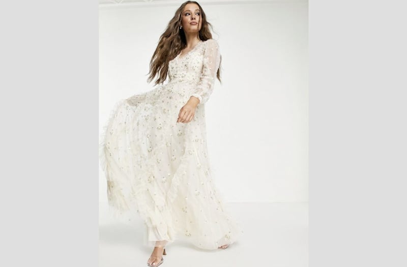 Needle &amp; Thread Bridal Frieda Ditsy Maxi Dress with Floral Embroidery in Ivory, &pound;415; ASOS DESIGN Nero Square Toe Mules in Clear, &pound;25, all from ASOS 