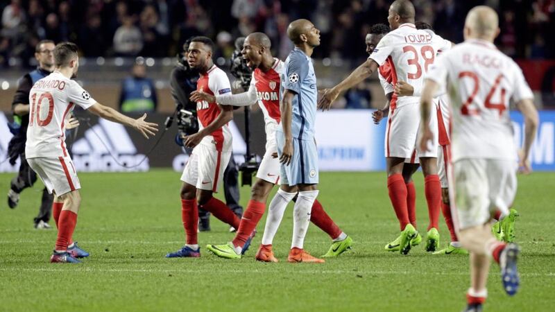 Monaco players celebrate their victory over Manchester City in the Champions League last 16, second leg clash 