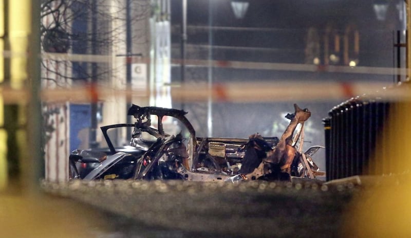 The remains of a car bomb that exploded outside the Court House in Derry city, N-Ireland on Saturday night. Picture Margaret McLaughlin 19-1-2019. 