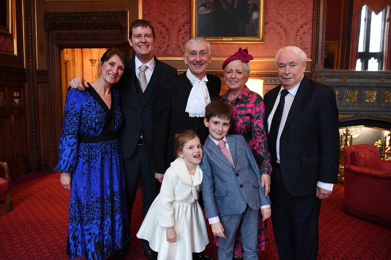 A photo taken at the Queen’s Speech in December 2019, of lLeft to right) Sir Lindsay Hoyle’s daughter Emma, her husband Will, Sir Lindsay Hoyle, his wife Catherine, and Lord Doug Hoyle. (Front row) Mr Speaker’s grandchildren (Emma’s children) Sophia, now 10, and Austin, now 12 (Jessica Taylor/UK Parliament)