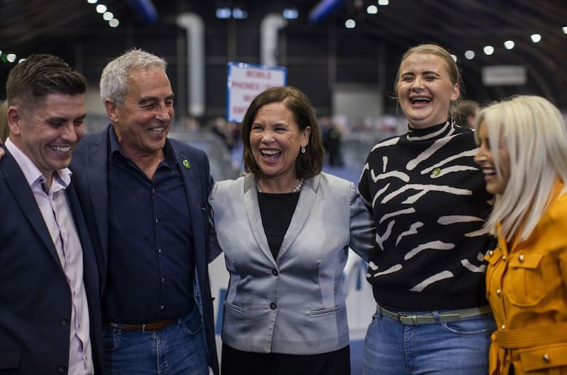 &nbsp;(left to right) Sinn Fein's Daniel Baker, Pat Sheehan, President Mary Lou McDonald, Aisling Reilly and Orlaithi Flynn at the Titanic Exhibition Centre in Belfast, as counting continues for the Northern Ireland Assembly.