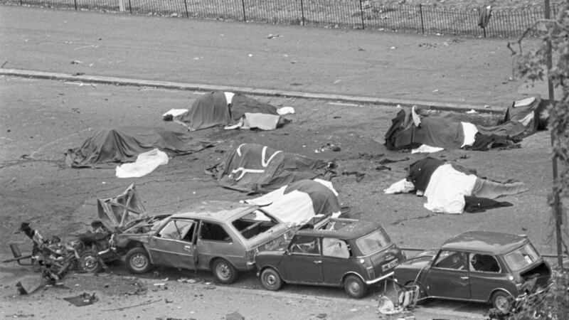 Dead horses and wrecked cars in the aftermath of the IRA Hyde Park bomb attack on the Household Cavalry in 1982&nbsp;