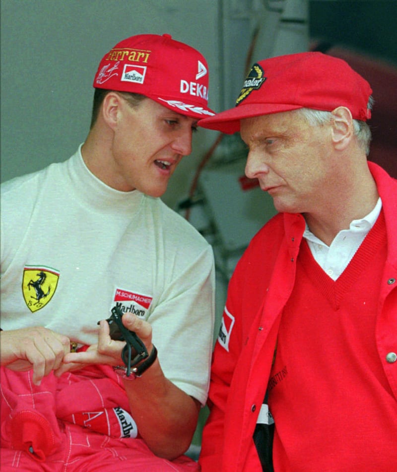 <span style="font-family: Verdana, Arial, Helvetica, sans-serif; font-size: 13.3333px;">Defending champion Michael Schumacher of Germany, left, chats with Ferrari consultant Niki Lauda during the practice session for the Monaco F1 Grand Prix in the principality on&nbsp;</span><span style="font-family: Verdana, Arial, Helvetica, sans-serif; font-size: 13.3333px;">May 16 1996.</span>