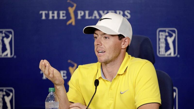 Rory McIlroy showed off his wedding ring at the press conference and said the wedding had been an awesome experience. (AP Photo/Lynne Sladky).