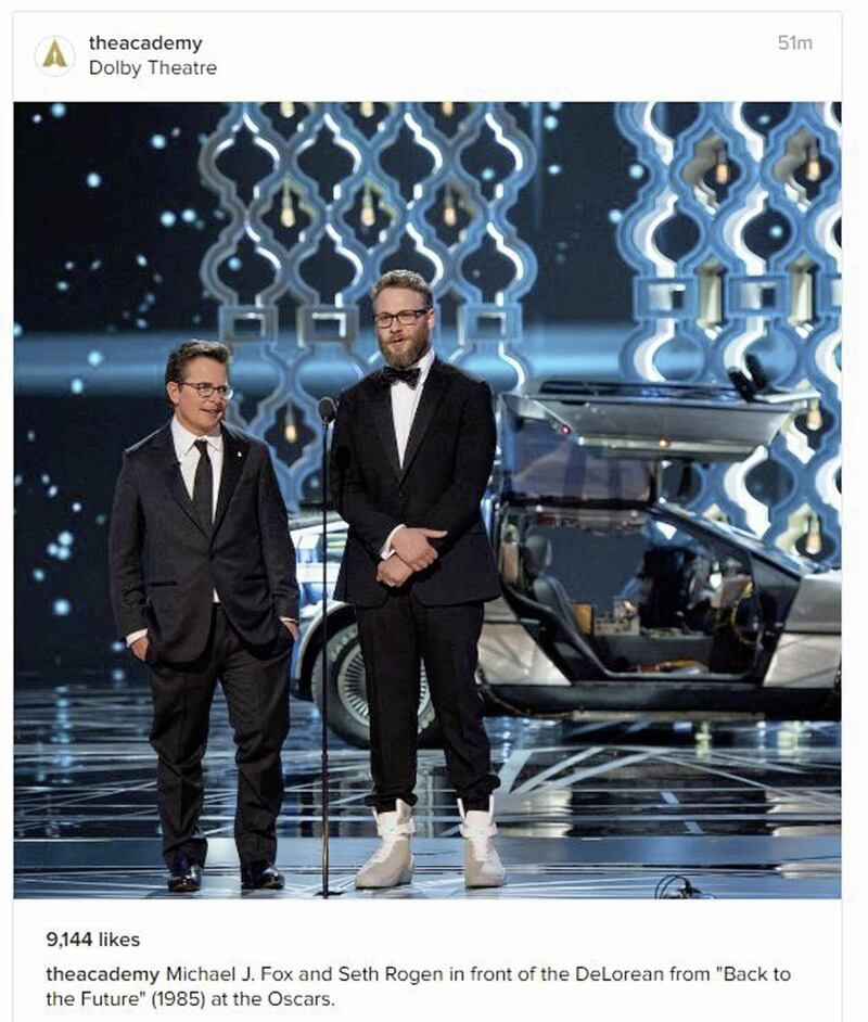Michael J. Fox and Seth Rogen at this year&#39;s Oscars with the DeLorean from Back to the Future 