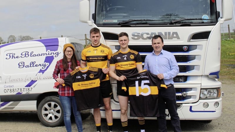 Ashleen McEvoy, owner of the Blooming Gallery; Glenn &#39;keeper John O&#39;Hare; captain Conor Cranny and Marty McEvoy of Director MGM Logistics at the presentation of the club&#39;s new jerseys 