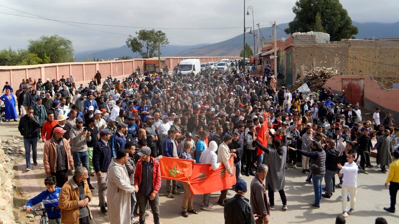 Hundreds of protesters have taken to the streets of a city near the epicentre of the devastating earthquake that hit Morocco last month to express anger and frustration after weeks of waiting for emergency assistance (Youssef Mazouz/AP)