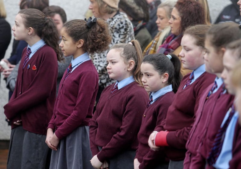 Pupils from St Patrick&rsquo;s Primary School in Donaghmore gathered outside the church for the funeral of their vice-principal. Picture by Mal McCann 