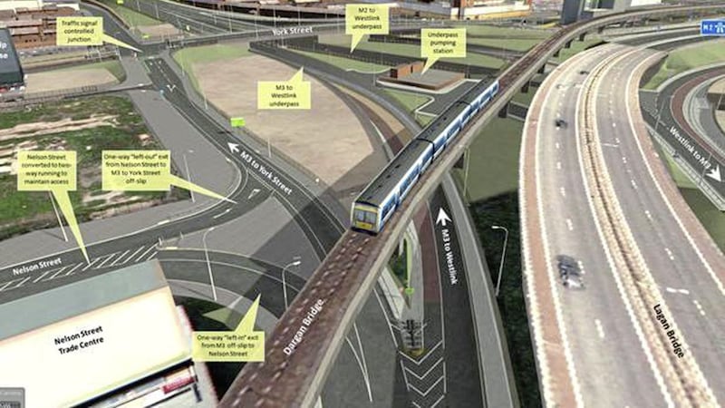 An artist&#39;s impression of the York Street Interchange, where the Westlink, M2 and M3 meet. 