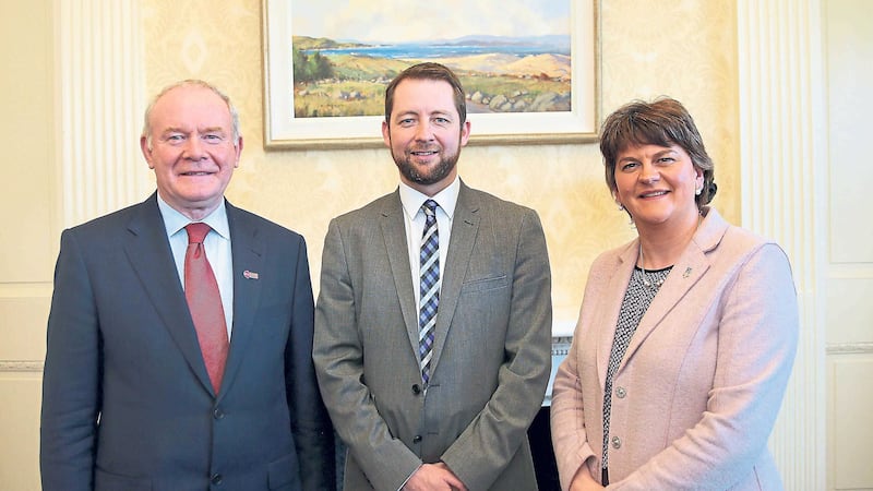 The new Commissioner for Older People in Northern Ireland Eddie Lynch (centre) with First Minister Arlene Foster (left) and Deputy First Minister Martin McGuinness (right) and will take up the post in June. . Picture by Declan Roughan, Press Eye/Press Association&nbsp;