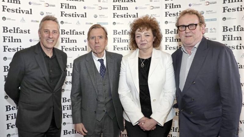 (L-R) Ian Paisley Jnr, Timothy Spall, Car&aacute;l N&iacute; Chuil&iacute;n and Colm Meaney at the launch of The Journey. Picture by Declan Roughan 