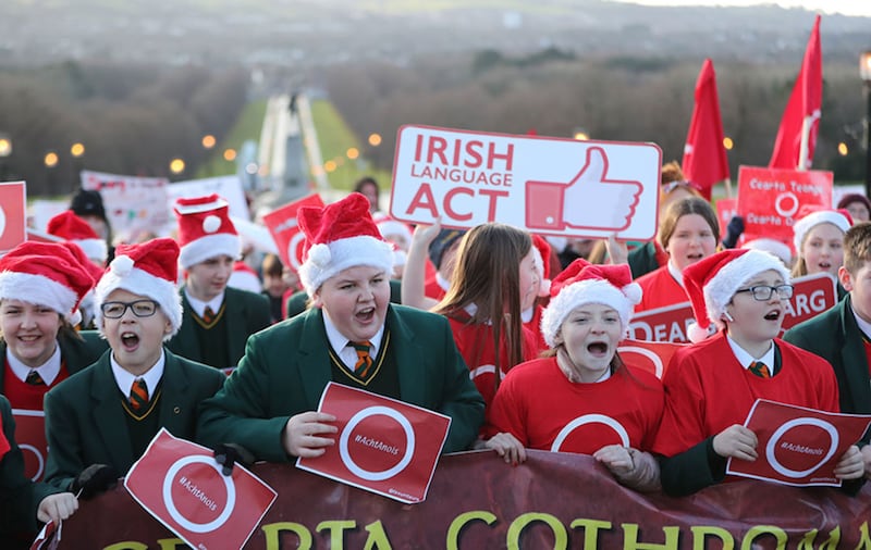Campaigners for an Irish Language act protest outside Parliament Buildings as talks to restore the Northern Ireland Powersharing executive begin at Stormont in Belfast. Picture by Niall Carson/PA Wire&nbsp;