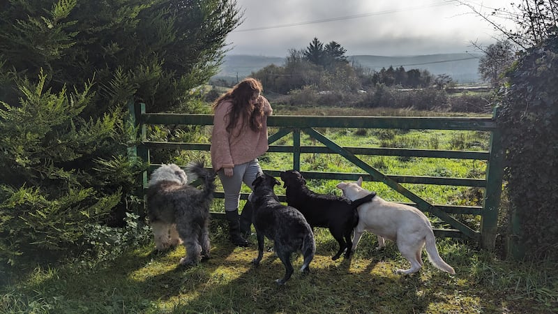Emma DeSouza with her dogs beside a gate at her home in the Fermanagh countryside