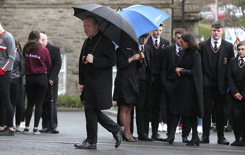 Archbishop Eamon Martin arriving for the the funeral of Morgan Barnard at St Patrick's Church, Dungannon. Picture by Brian Lawless, Press Association