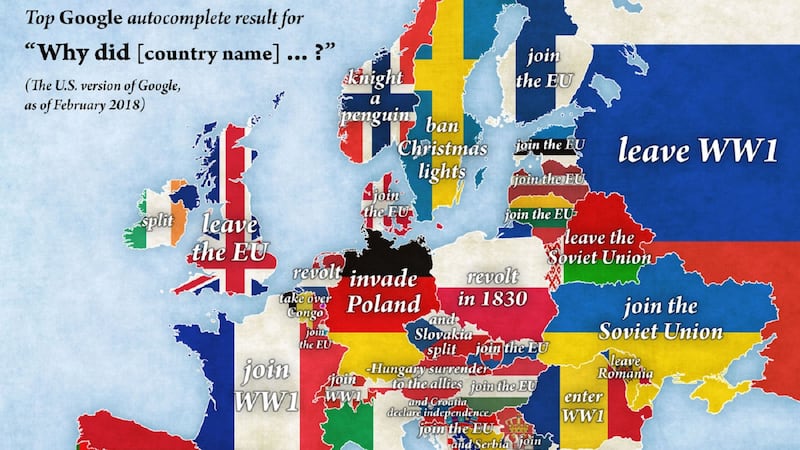The map shows the questions people want answered about European countries.