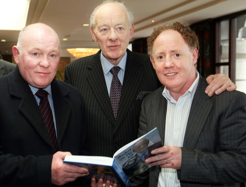 Hugh Russell and Davy Larmour with Barney Eastwood at the launch of the legendary promoter's book