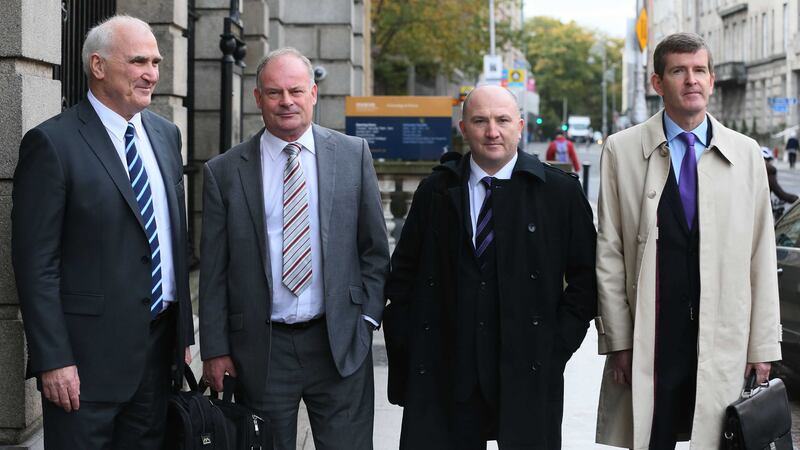 Irish Amateur Boxing Association (IABA) officials, from left, Joe Christle, Pat Ryan, Fergal Carruth and Ciaran Kirwan arrive at Leinster House in Dublin to appear before the Joint Committee on Transport and Communications. Picture by Niall Carson/PA Wire&nbsp;