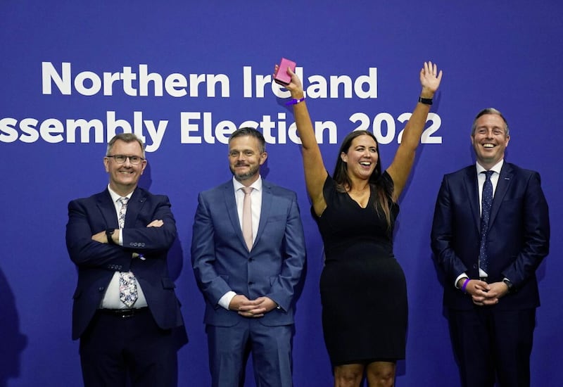 Lagan Valley candidates (from left) DUP leader Sir Jeffrey Donaldson, Ulster Unionist Party deputy leader Robbie Butler, Alliance Party&#39;s Sorcha Eastwood and the DUP&#39;s Paul Givan at the assembly election count in Jordanstown last year. Picture by Brian Lawless/PA Wire 