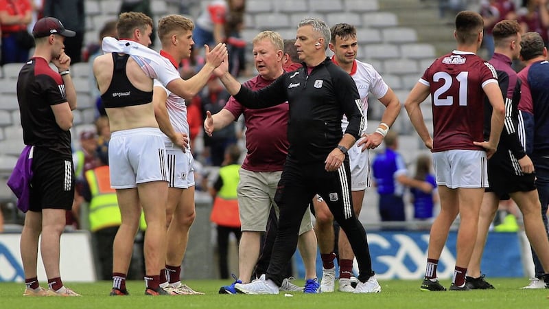 Galway manager Padraig Joyce congratulates his players after their win over Derry in Saturday&#39;s All-Ireland SFC semi-final at Croke Park Picture: Seamus Loughran. 